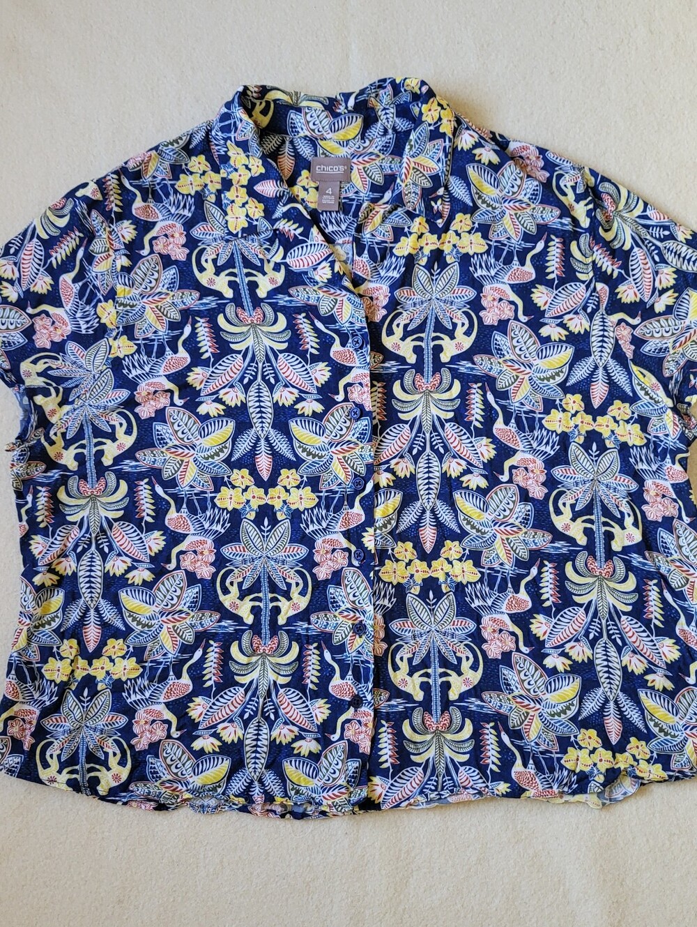 Chico's Top Size 4 Short Sleeve Collard Button Front Blue Yellow Tropical Print